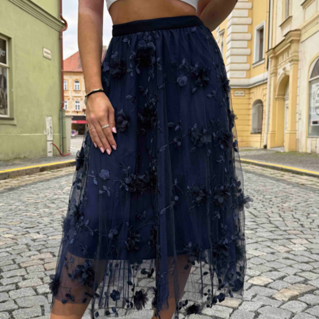 Tylová květinová sukně MAANNA tmavě modrá+